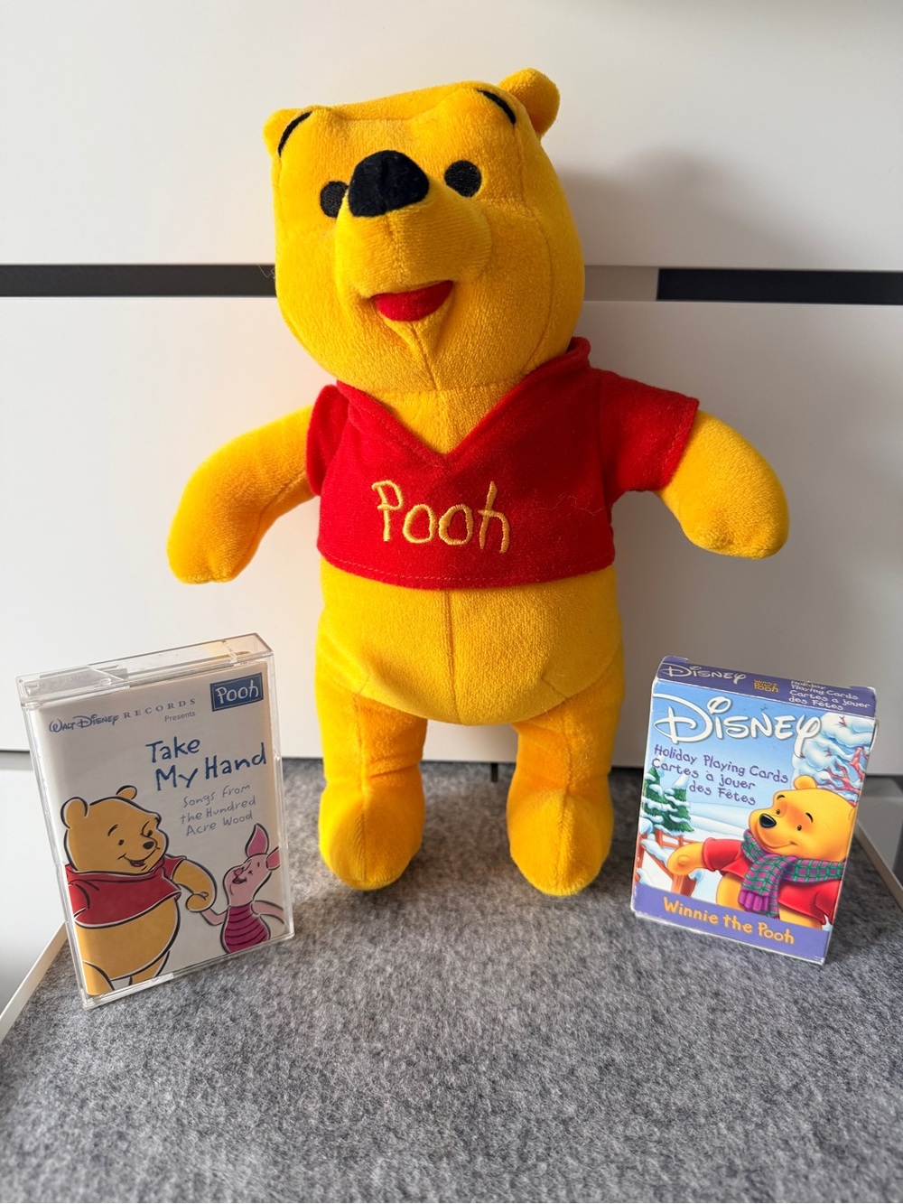 Vintage Winnie the Pooh Plush, Cassette & Holiday Playing Cards Bundle